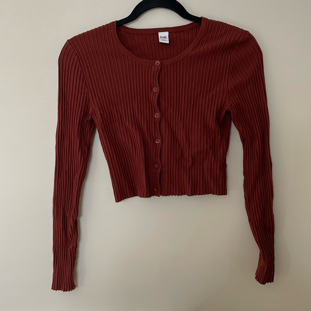 Twik Par Simons - Ribbed Button Cardigan - Red Brown - XSmall